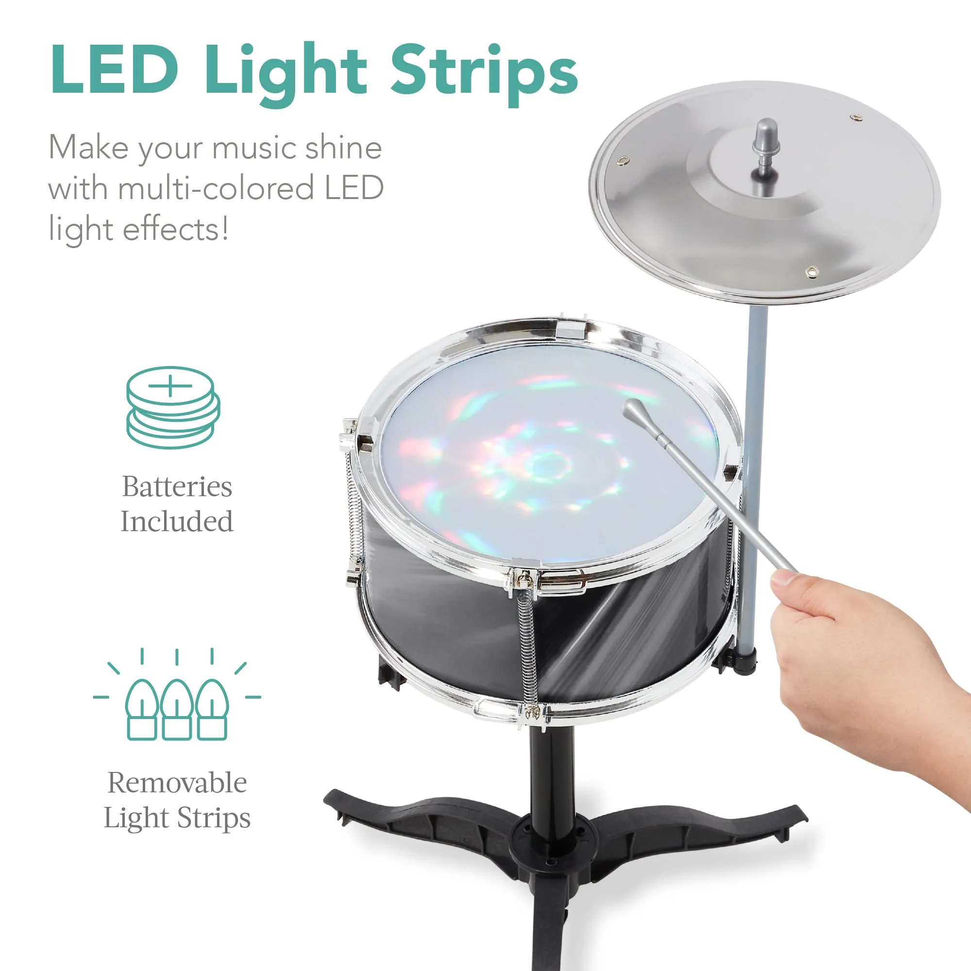 18-Piece Kids Beginner Drum Kit, Musical Instrument Toy Set w/ LED Lights