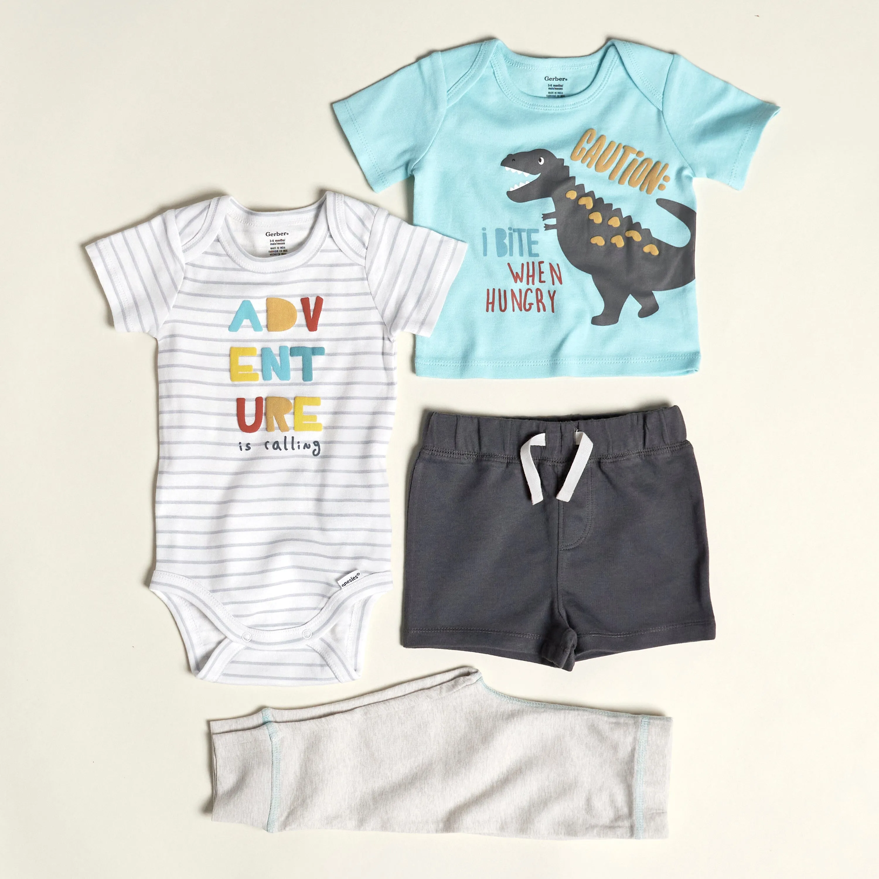 4-Piece Baby Boys Dino Blues Onesies® Bodysuit, Tee, Shorts & Pant Set