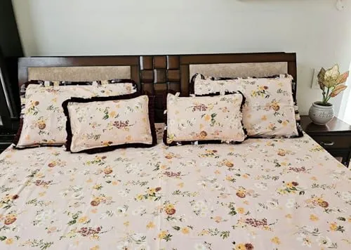 5-Piece (1 2 2) Queen Size Bedsheet Set with 135 GSM (240 TC) Polycotton Bedsheet (90 * 100), 2 Microfiber Filled Frilly Pillows (12 * 18) & 2 Frilly Pillow Covers Perfect for Gifting Options