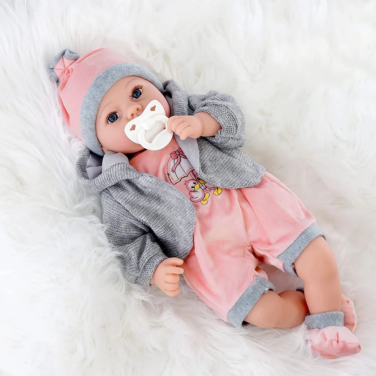 Baby Girl Doll With Dummy & Sounds Grey