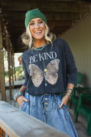 Be Kind Long Sleeve Graphic Top - Charcoal