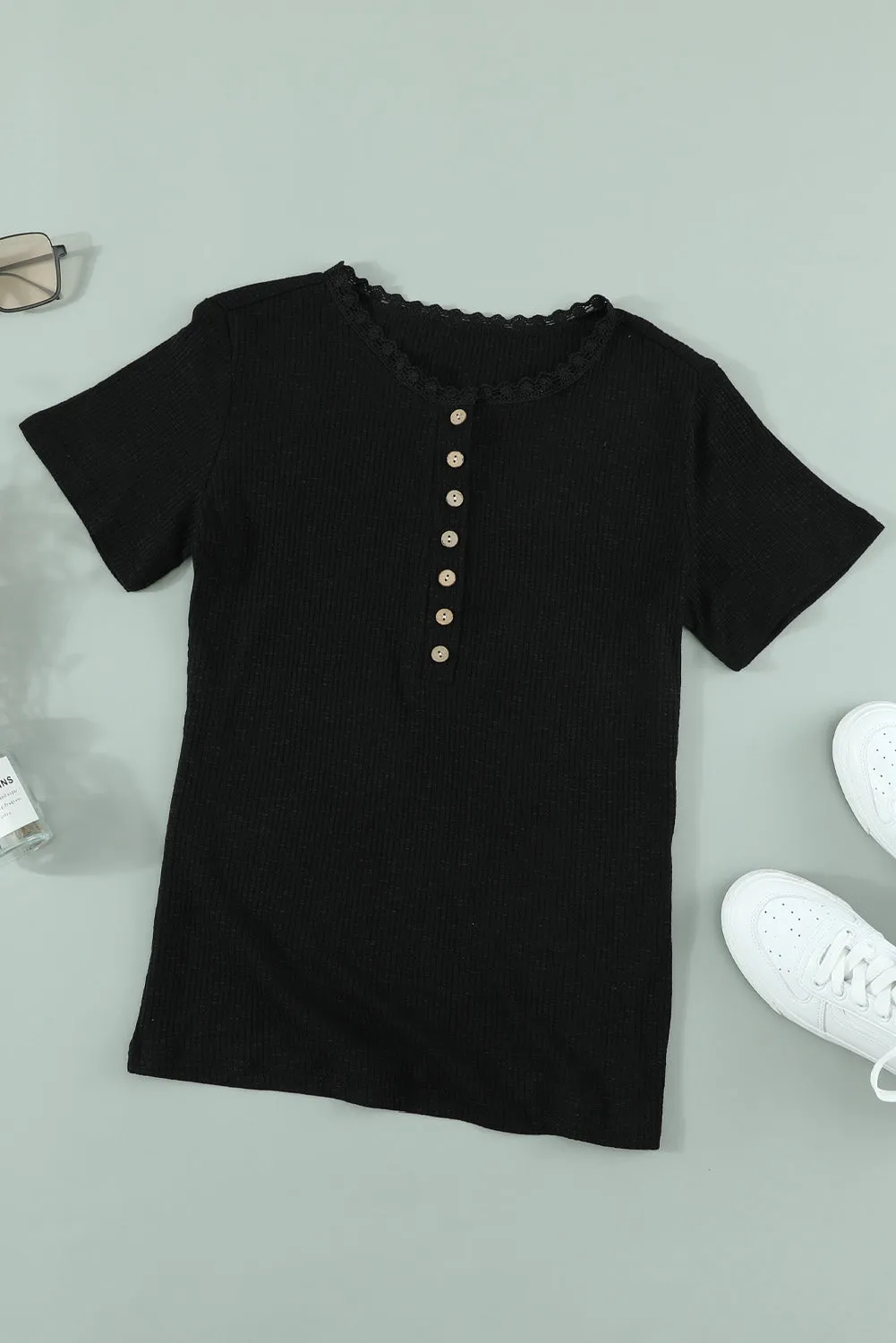 Black Crew Neck Buttoned Ribbed Knit Short Sleeve Top