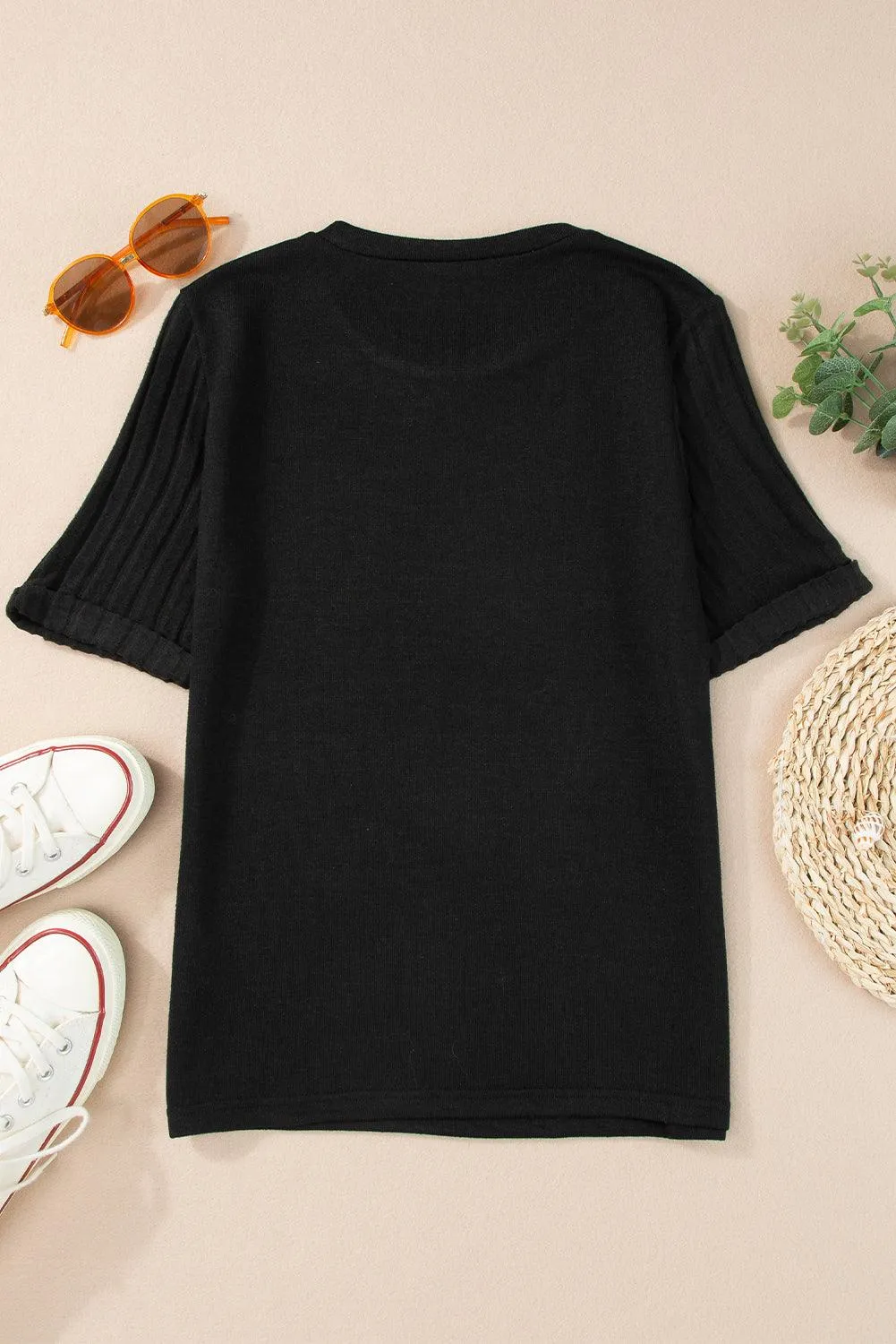 Black Ribbed Splicing Sleeve Round Neck T-shirt for Women