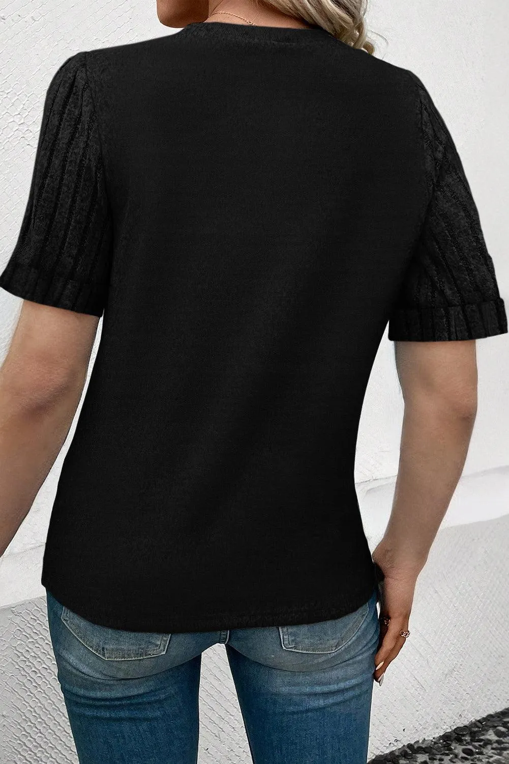 Black Ribbed Splicing Sleeve Round Neck T-shirt for Women