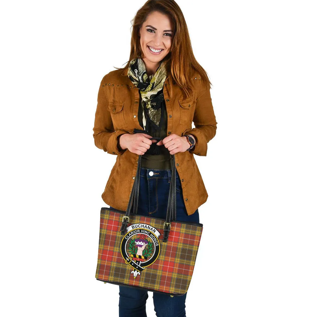 Buchanan Old Set Weathered Tartan Leather Tote Bag with Family Crest