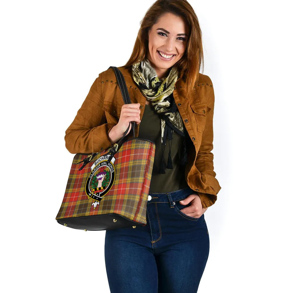 Buchanan Old Set Weathered Tartan Leather Tote Bag with Family Crest