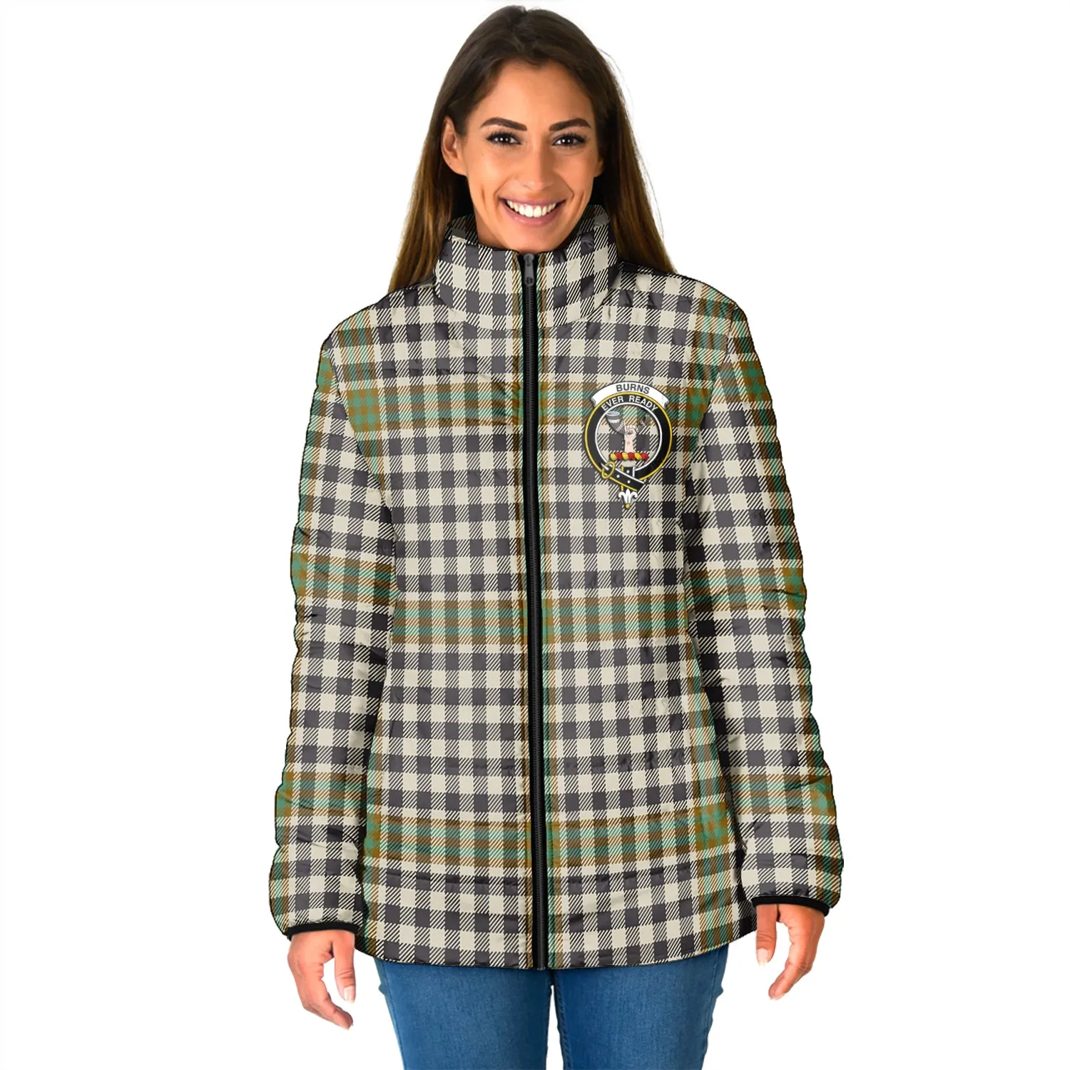 Burns Check Tartan Padded Jacket with Family Crest