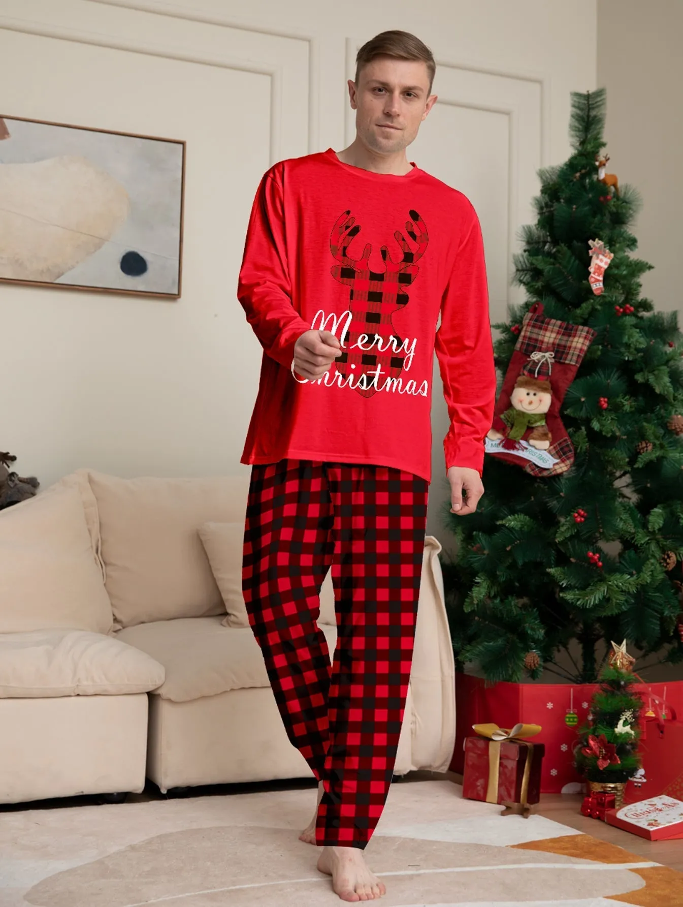 Christmas Holiday Parent-Child Casual Plaid Set with Elk Monogramming