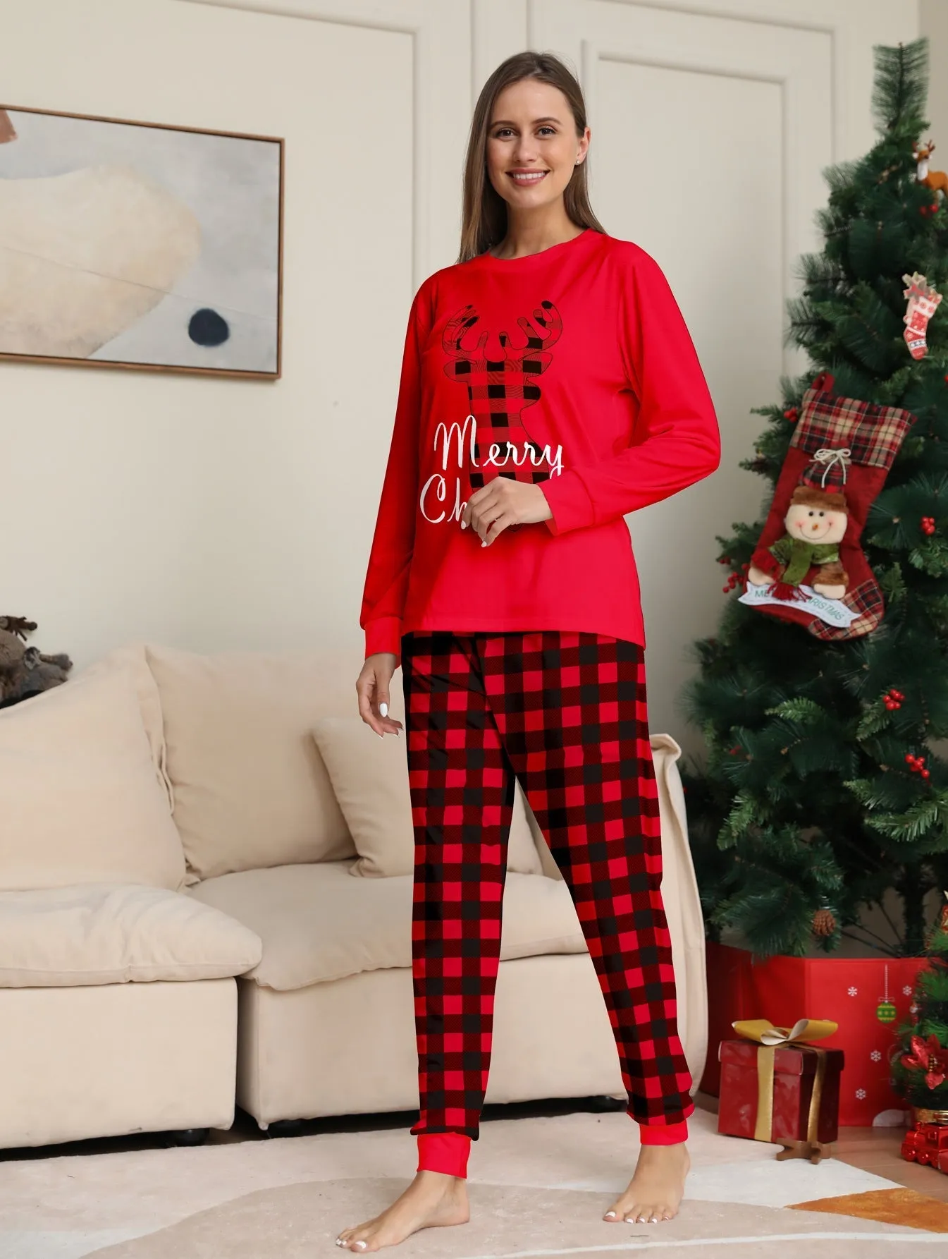 Christmas Holiday Parent-Child Casual Plaid Set with Elk Monogramming