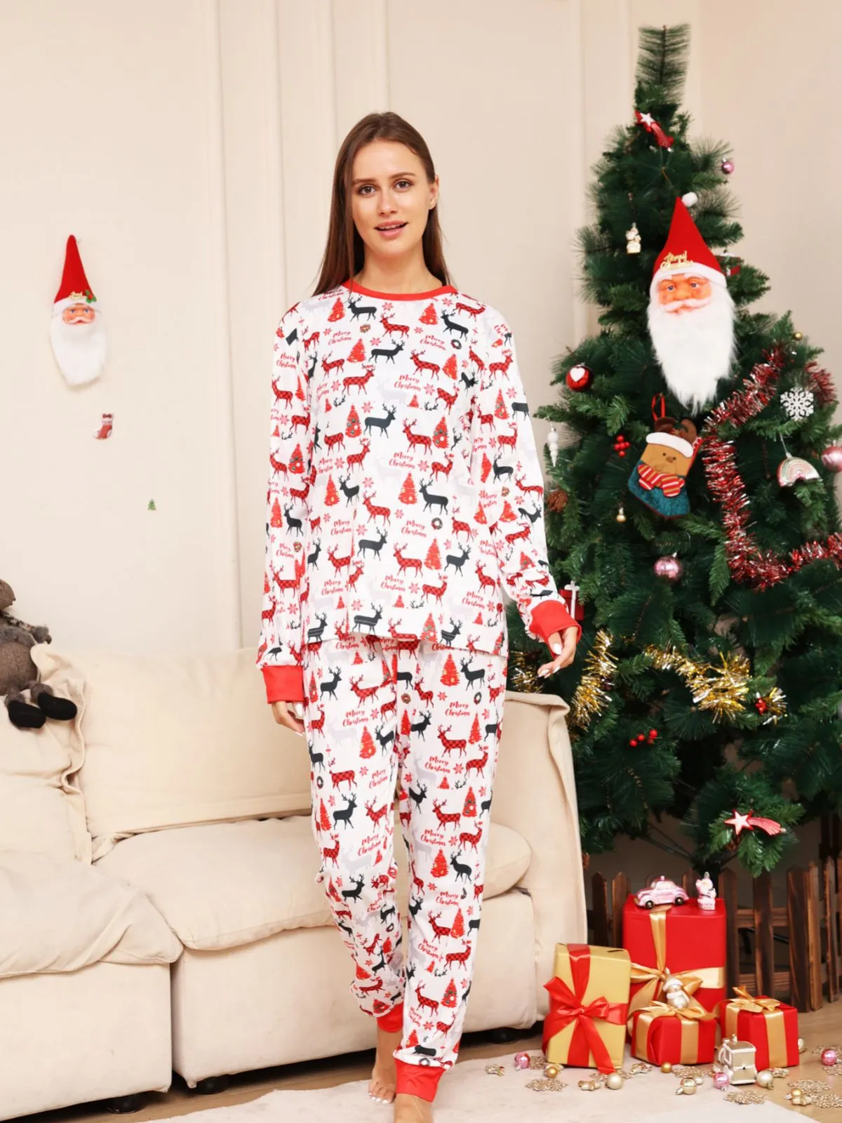 Christmas Parent-Child Pajamas with Monogrammed Cartoon Deer Prints