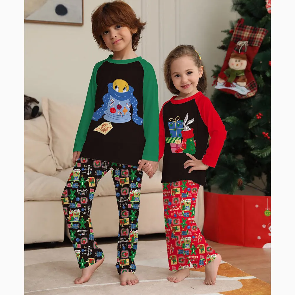 Colorblock Cute Pattern Round Neck Long Sleeve Christmas Parent-Child Pajamas