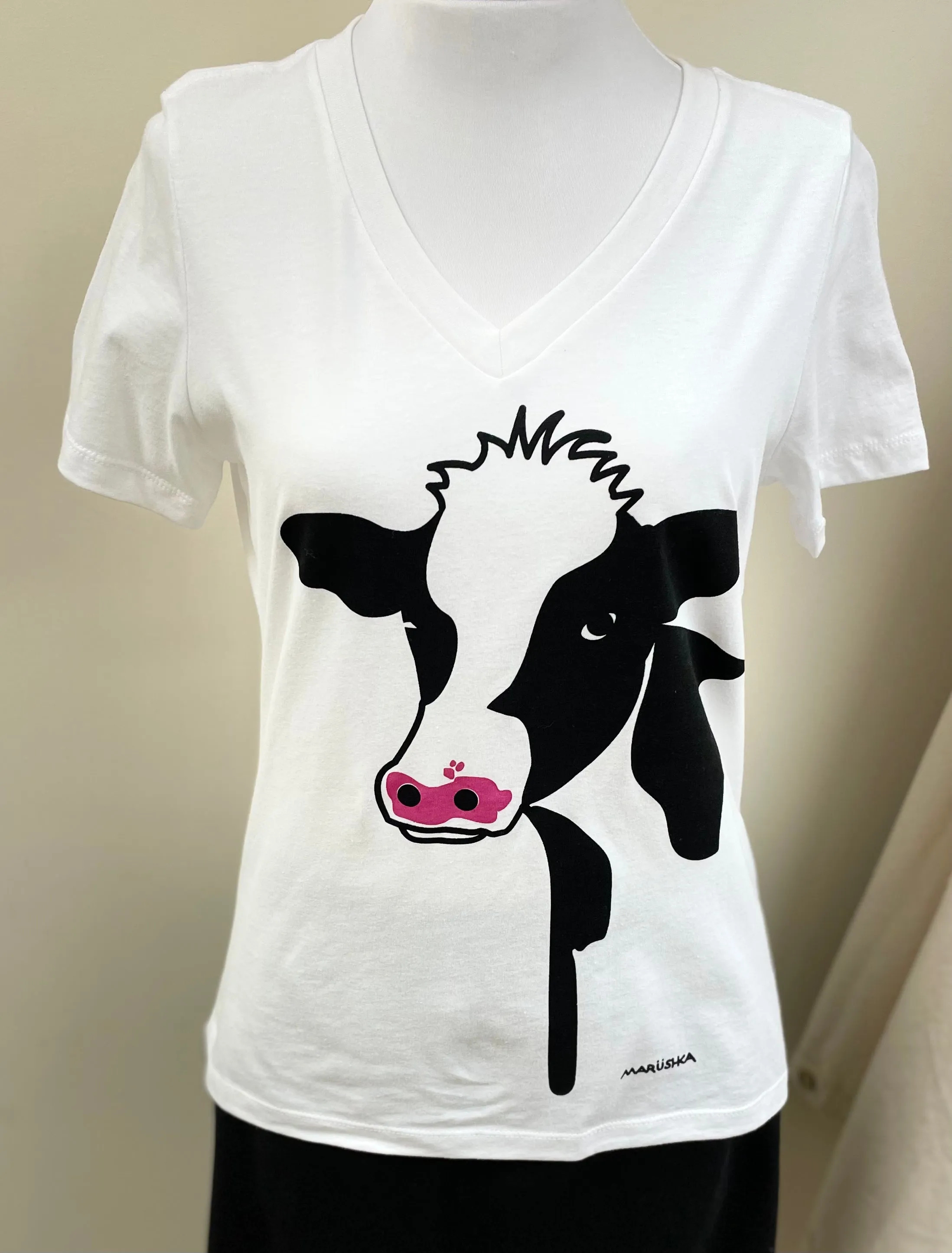 Cow Flies on Relaxed V-Neck Tee Shirt by Marushka