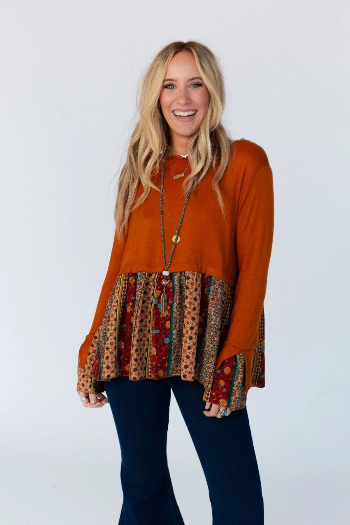 Crisp Sunny Day Bell Sleeve Top - Rust