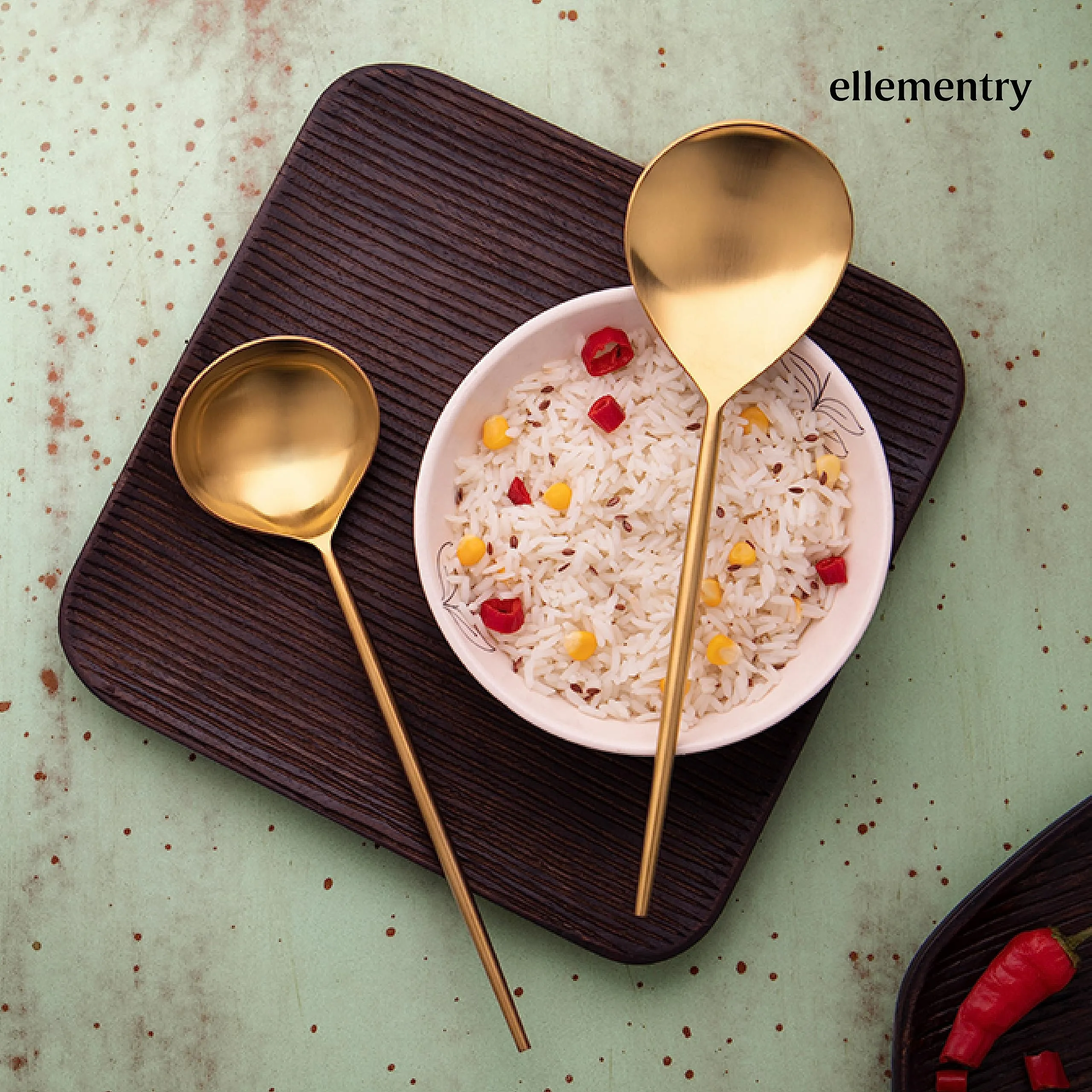 Ellementry Aura Gold Serving Set of Two| Serving Spoon Set for Home and Restaurant| Stainless Steel |Food Grade Dinnerware & Tableware Set | Ladle Set for Serving Rice/Pasta/Subzi/Curry/Food