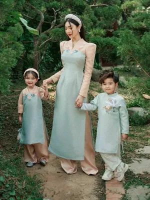 Family Ao Dai  Blue & Pink Ao Dai Dress Women Girl Ao Dai Top Pants Men Boy Ao Dai Top