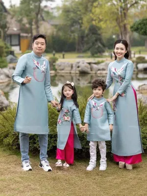 Family Ao Dai  Blue Embroidery Ao Dai Dress Women Girl Ao Dai Top Pants Men Boy Ao Dai Top