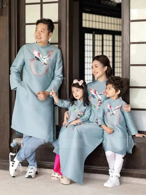 Family Ao Dai  Blue Embroidery Ao Dai Dress Women Girl Ao Dai Top Pants Men Boy Ao Dai Top