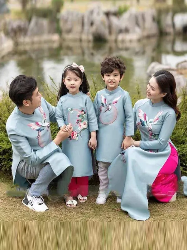 Family Ao Dai  Blue Embroidery Ao Dai Dress Women Girl Ao Dai Top Pants Men Boy Ao Dai Top