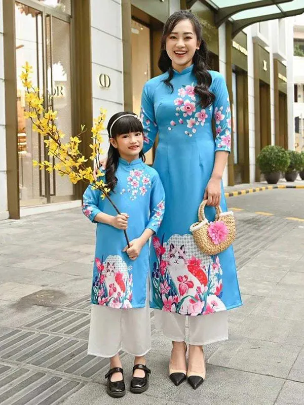 Family Ao Dai  Blue Printed Ao Dai Dress Women Girl Ao Dai Top Pants Men Boy Ao Dai Top