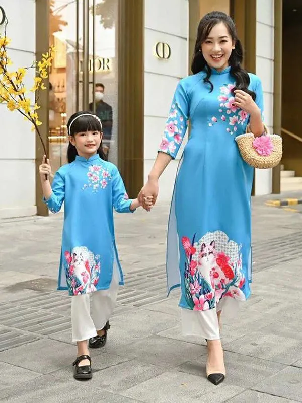 Family Ao Dai  Blue Printed Ao Dai Dress Women Girl Ao Dai Top Pants Men Boy Ao Dai Top