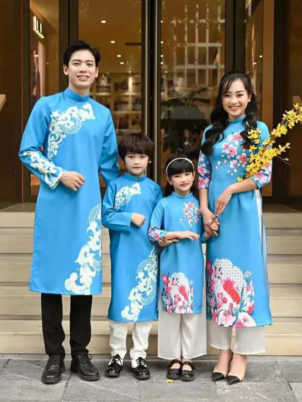 Family Ao Dai  Blue Printed Ao Dai Dress Women Girl Ao Dai Top Pants Men Boy Ao Dai Top