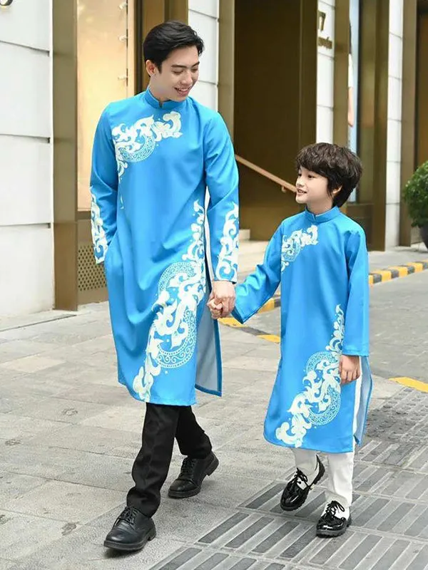 Family Ao Dai  Blue Printed Ao Dai Dress Women Girl Ao Dai Top Pants Men Boy Ao Dai Top