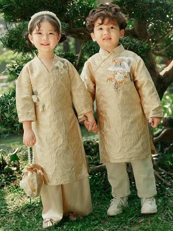 Family Ao Dai Gold Ao Dai Dress Women Girl Ao Dai Top Pants Men Boy Ao Dai Top