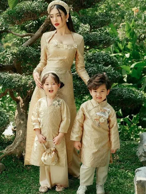 Family Ao Dai Gold Ao Dai Dress Women Girl Ao Dai Top Pants Men Boy Ao Dai Top