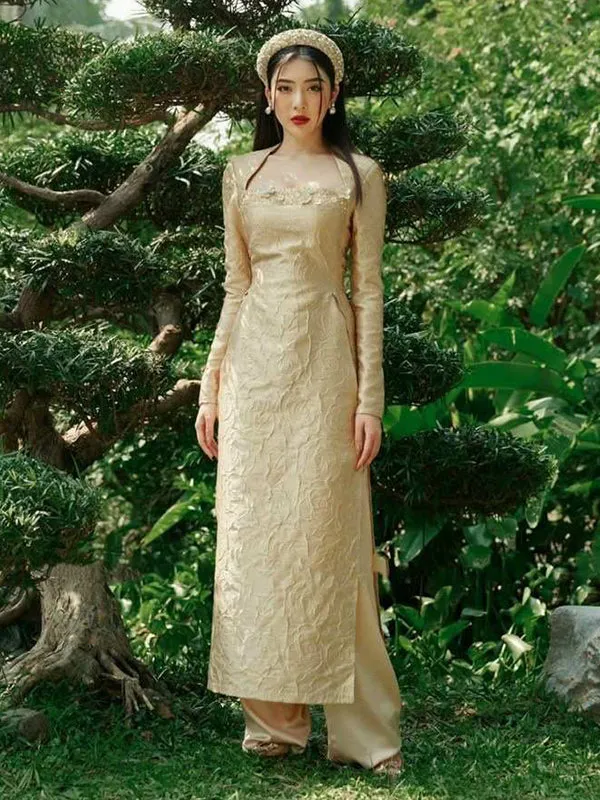 Family Ao Dai Gold Ao Dai Dress Women Girl Ao Dai Top Pants Men Boy Ao Dai Top