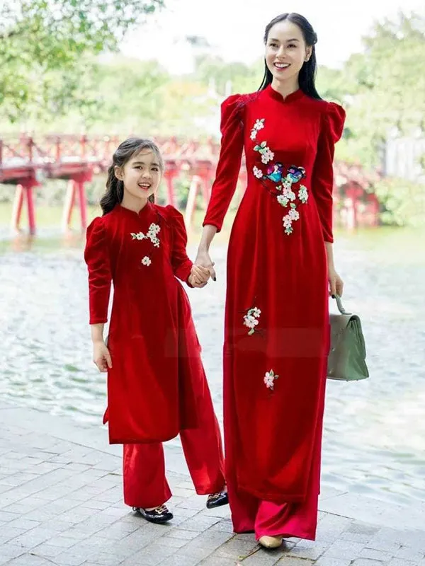 Family Ao Dai Mom And Daughter Red Velvet Includes One Ao Dai Top And Pants