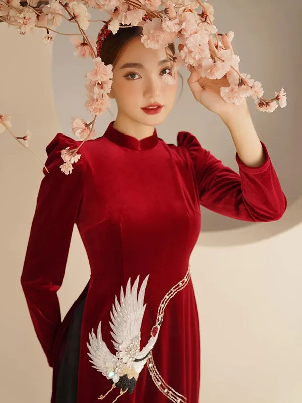 Family Ao Dai  Mom And Daughter Red Velvet Includes One Ao Dai Top And Pants