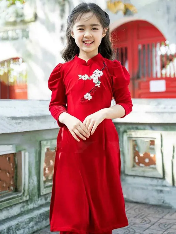 Family Ao Dai Mom And Daughter Red Velvet Includes One Ao Dai Top And Pants