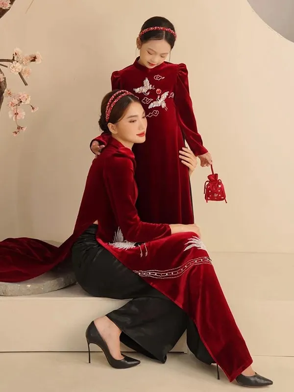 Family Ao Dai  Mom And Daughter Red Velvet Includes One Ao Dai Top And Pants