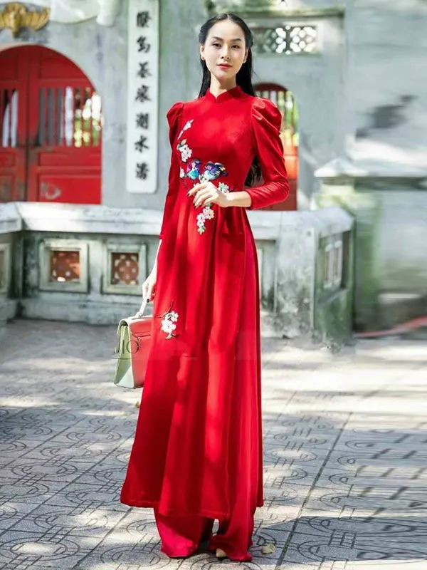 Family Ao Dai Mom And Daughter Red Velvet Includes One Ao Dai Top And Pants