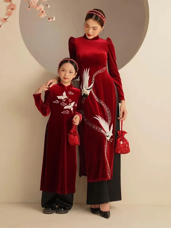 Family Ao Dai  Mom And Daughter Red Velvet Includes One Ao Dai Top And Pants