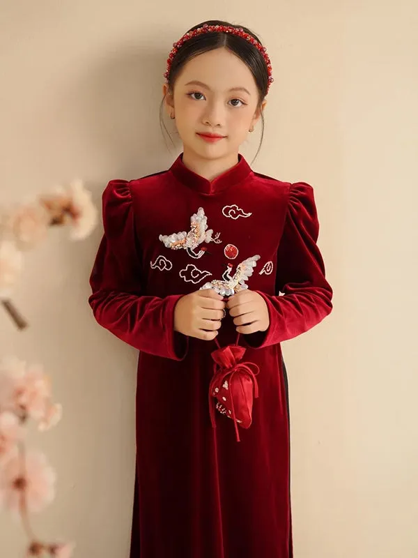 Family Ao Dai  Mom And Daughter Red Velvet Includes One Ao Dai Top And Pants