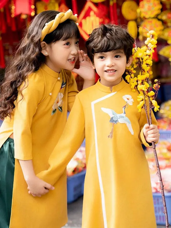 Family Ao Dai  Yellow Embroidery Set Includes One Ao Dai Top And Pants