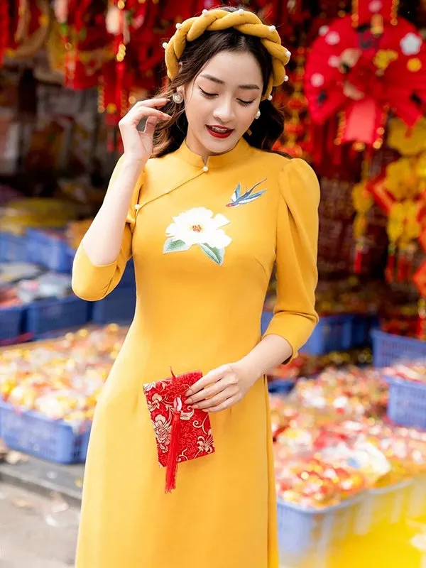 Family Ao Dai  Yellow Embroidery Set Includes One Ao Dai Top And Pants