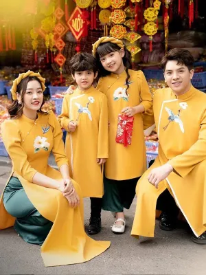 Family Ao Dai  Yellow Embroidery Set Includes One Ao Dai Top And Pants