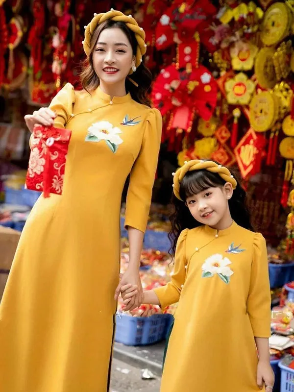 Family Ao Dai  Yellow Embroidery Set Includes One Ao Dai Top And Pants