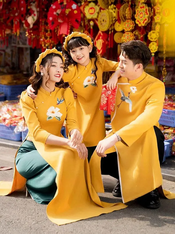 Family Ao Dai  Yellow Embroidery Set Includes One Ao Dai Top And Pants