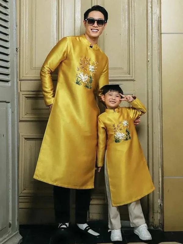 Family Ao Dai  Yellow Embroidery Women Girl Ao Dai Top Pants Men Boy Ao Dai Top