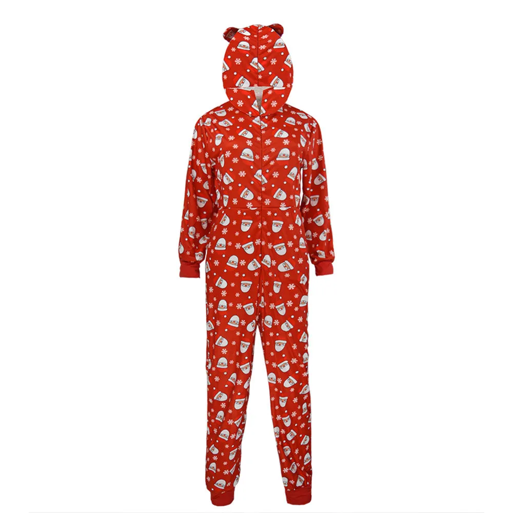 Family Parent-Child Christmas Long Sleeve Hooded Santa One-Piece Pajamas