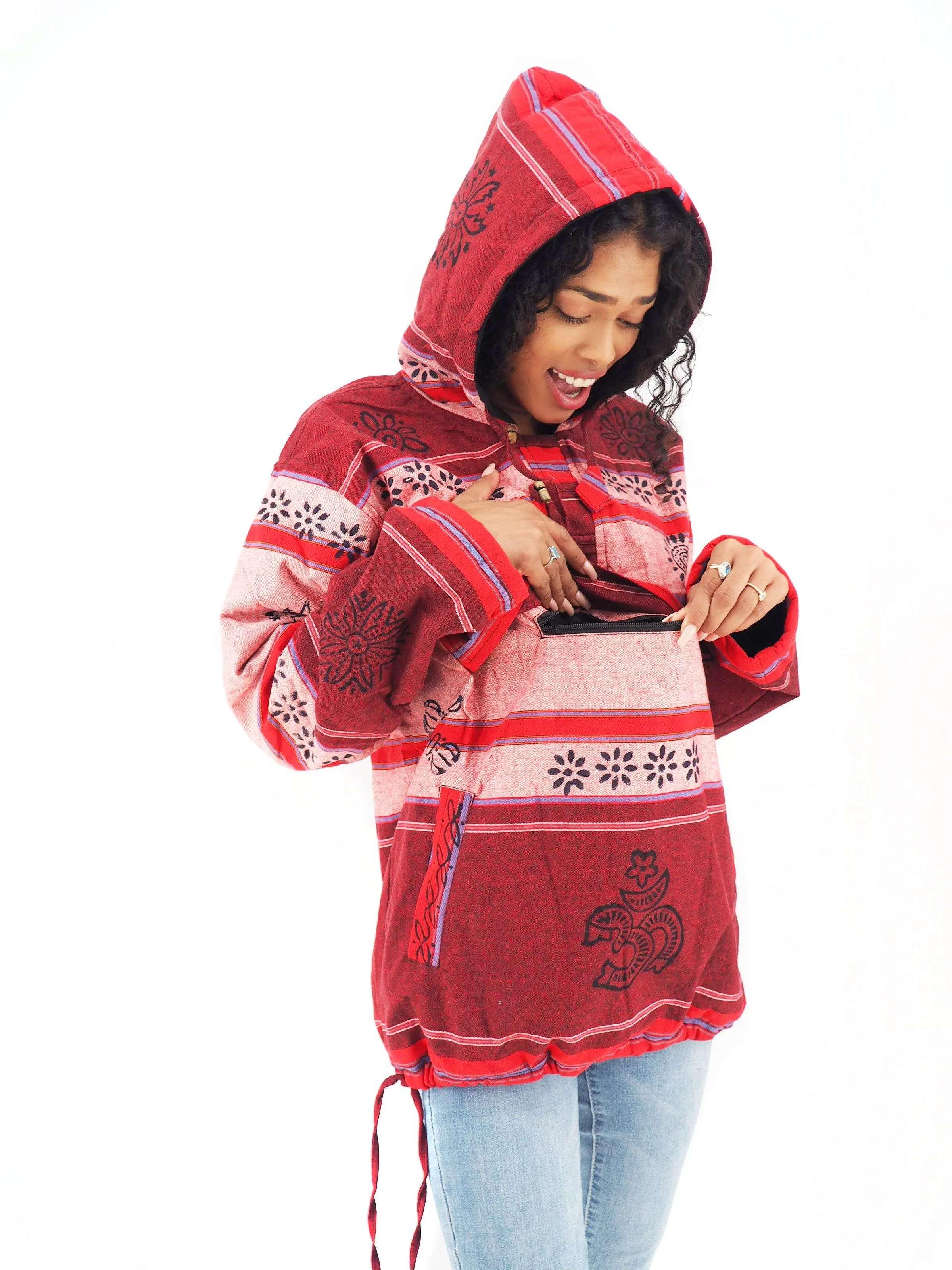 Handmade Casual Boho Cotton Unisex Jackets Hoodies Size S-M-L-XL- Red