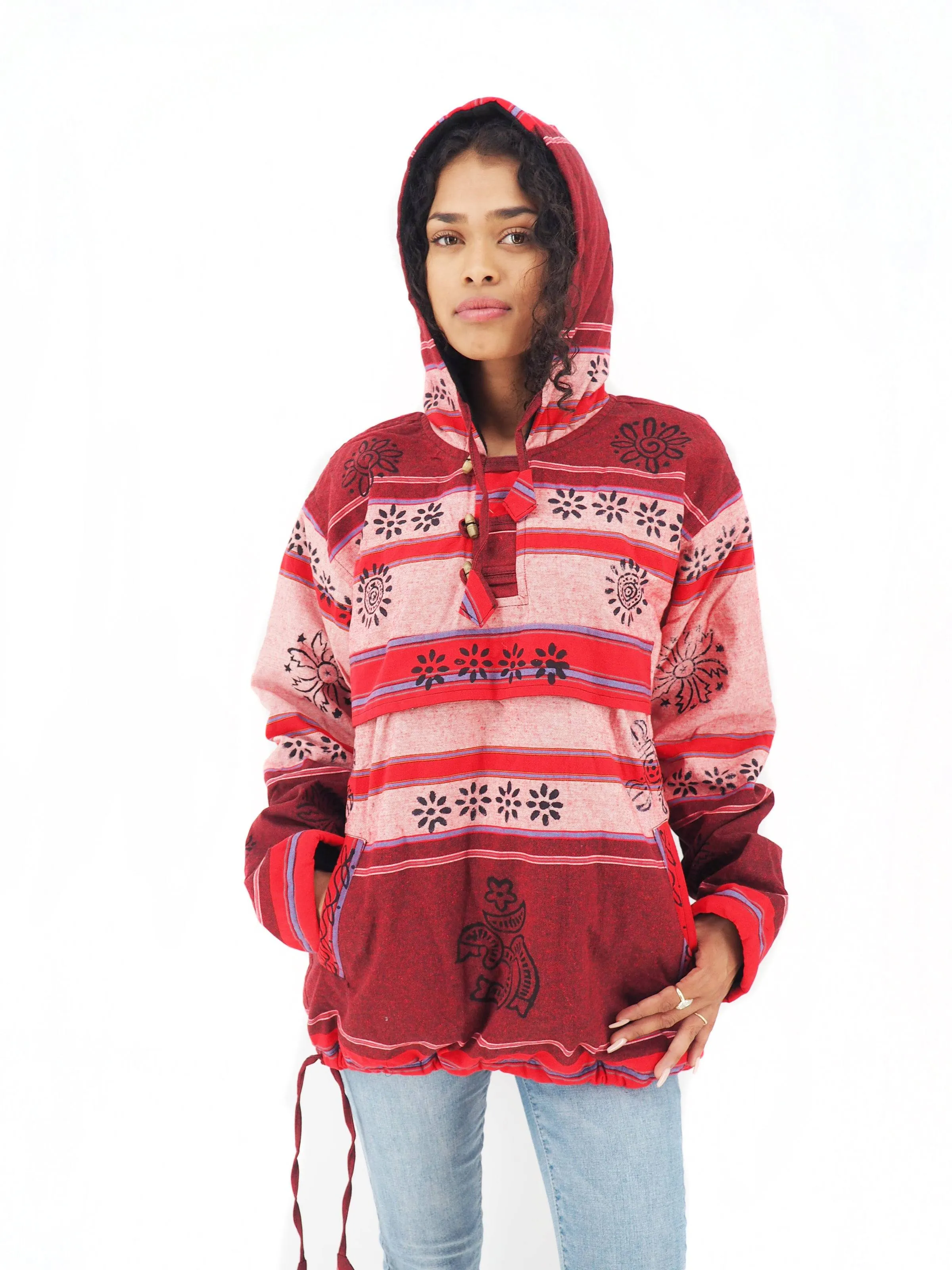 Handmade Casual Boho Cotton Unisex Jackets Hoodies Size S-M-L-XL- Red