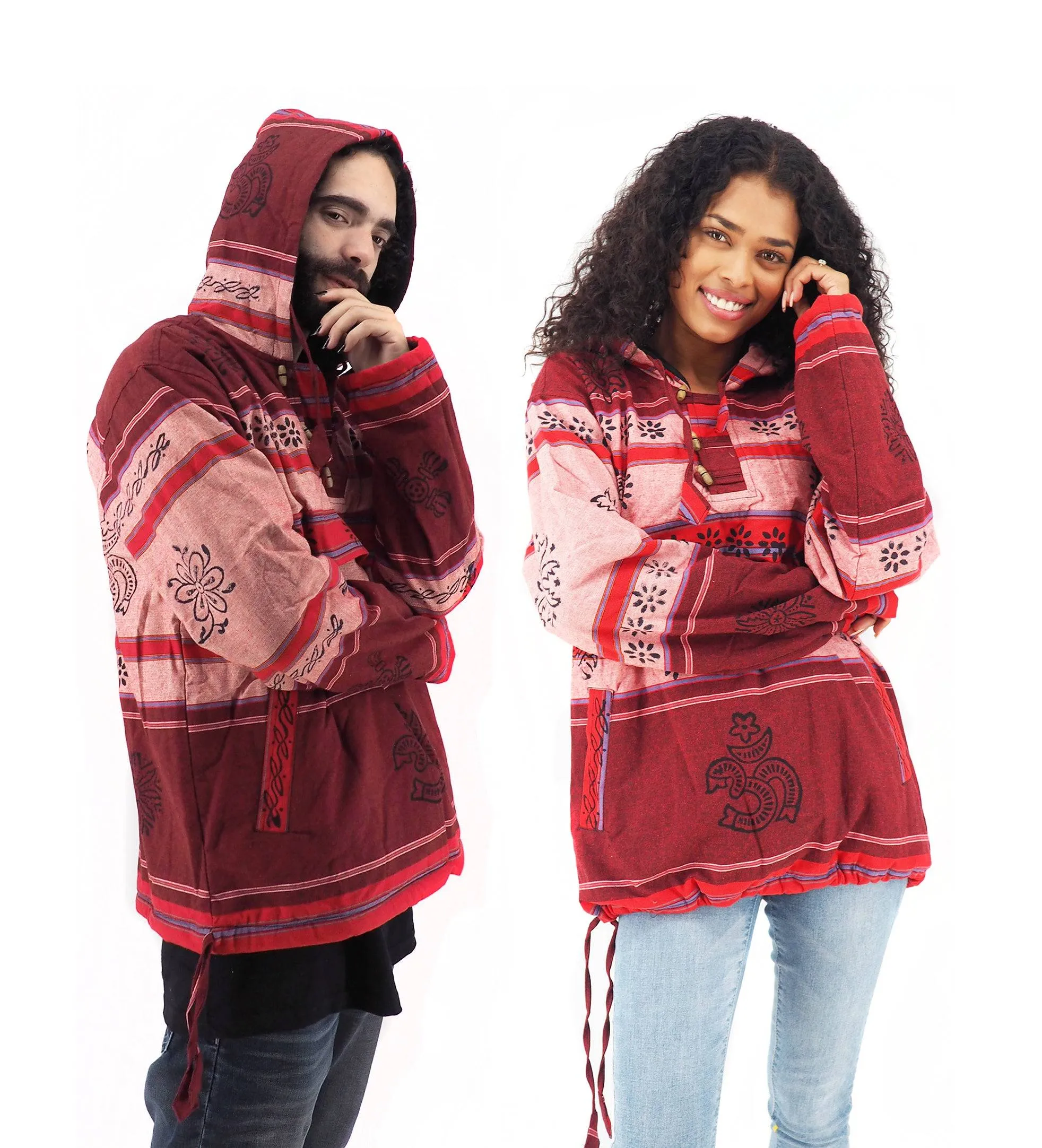 Handmade Casual Boho Cotton Unisex Jackets Hoodies Size S-M-L-XL- Red