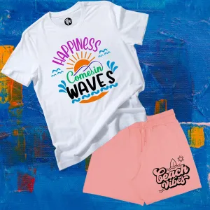 Happiness Come in Waves White T-Shirt and Beach Vibes Pink Terry Shorts Coord Set