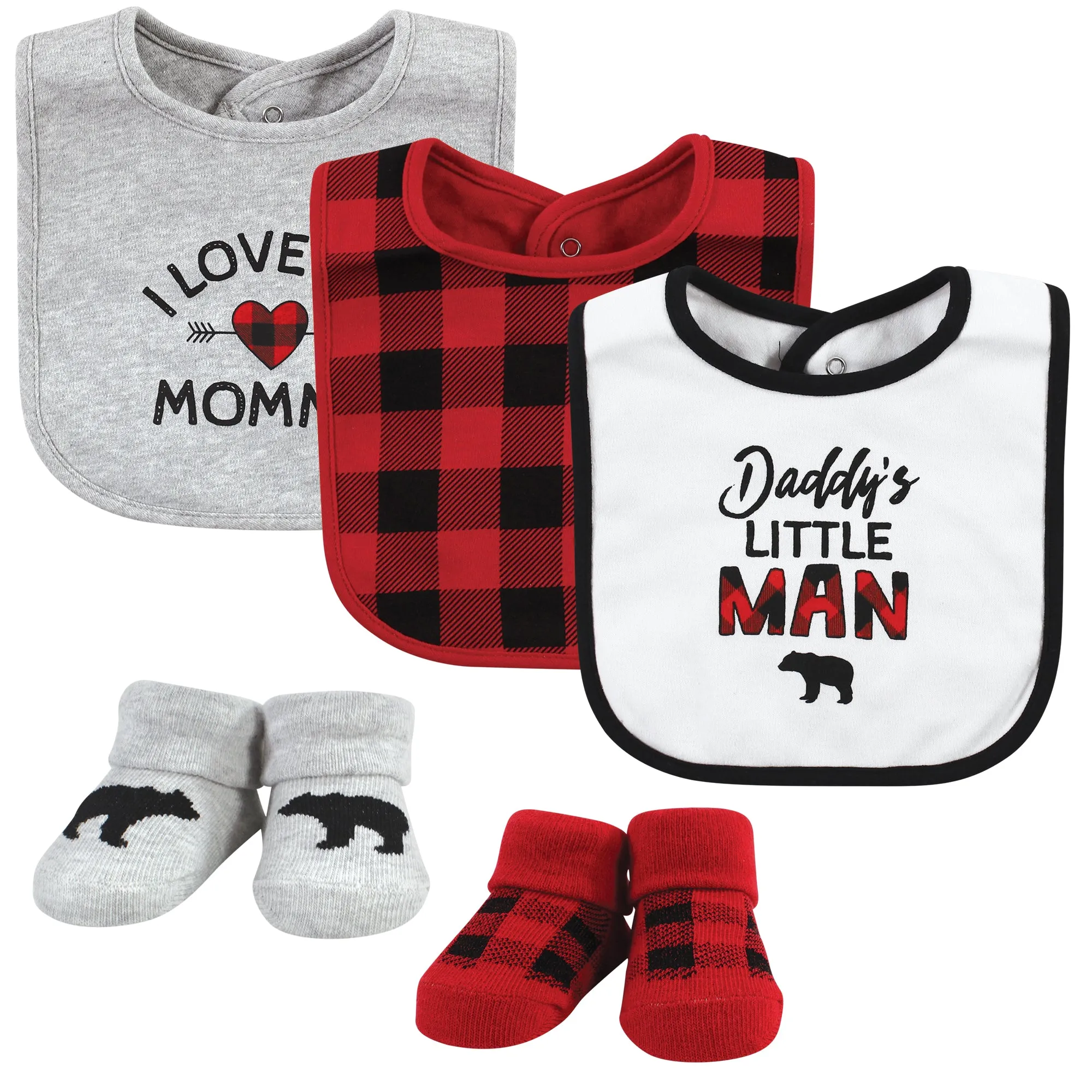 Hudson Baby Cotton Bib and Sock Set, Buffalo Plaid Family