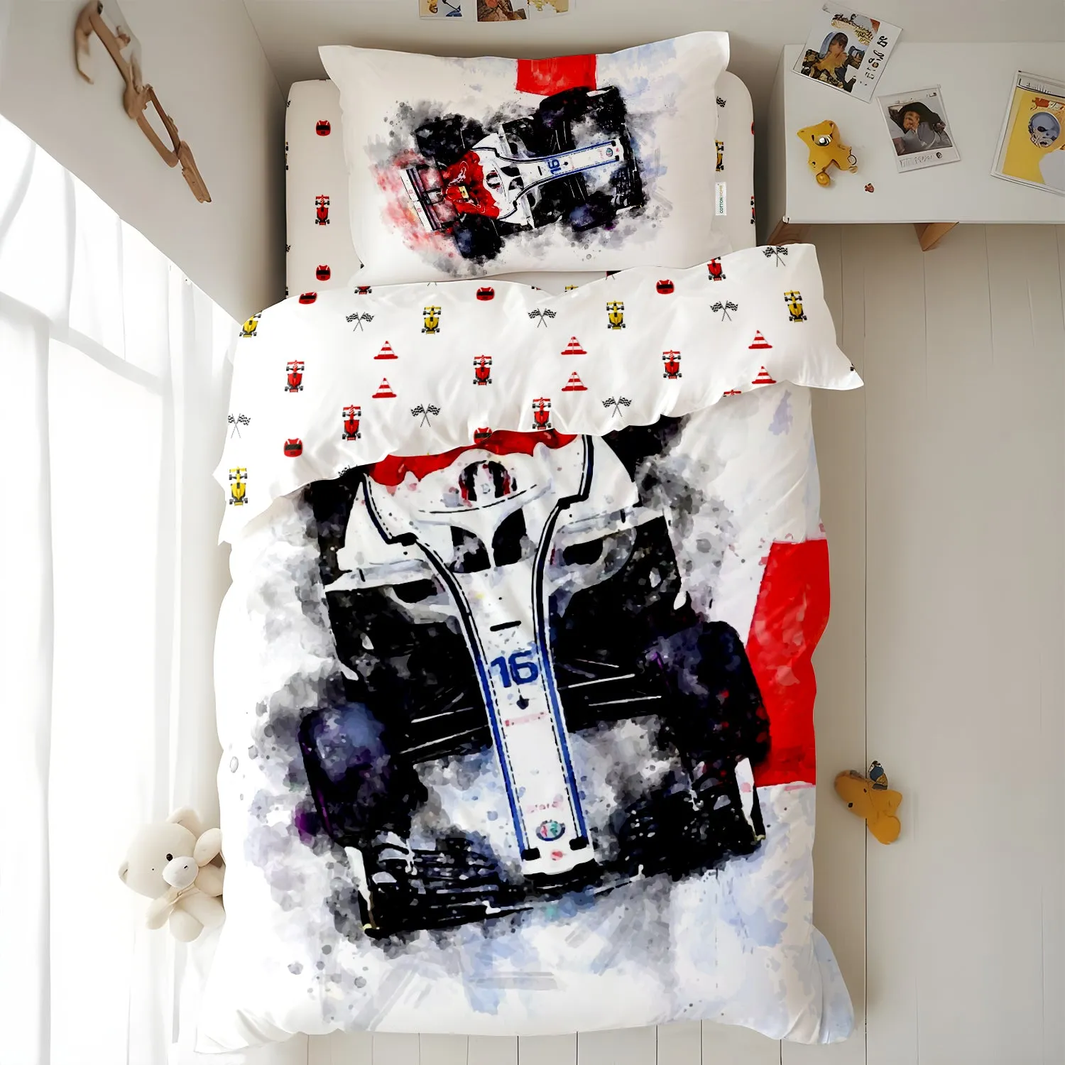 Kids Duvet Cover Set 3 Pcs - Sports Car Print | 135x220cm | Microfiber | Cotton Home