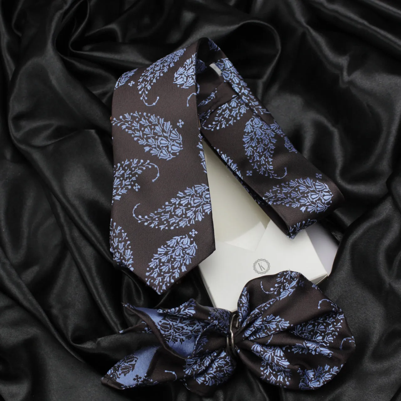 Kovove Black Floral Necktie and Pocket Square Gift Box